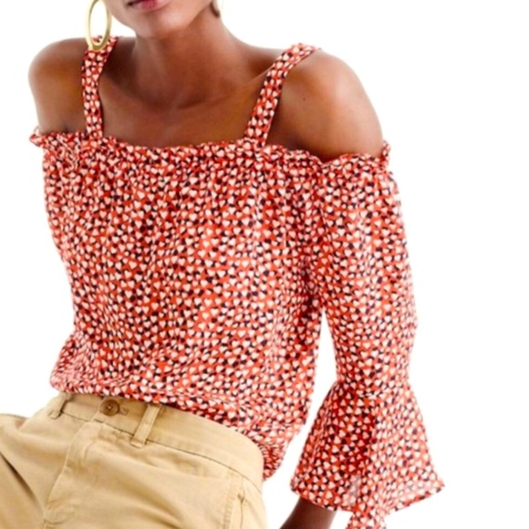 J. Crew Cold Shoulder Silk Top Blouse in Heart Print Rustic Rose Red Size 2 - Picture 2 of 13